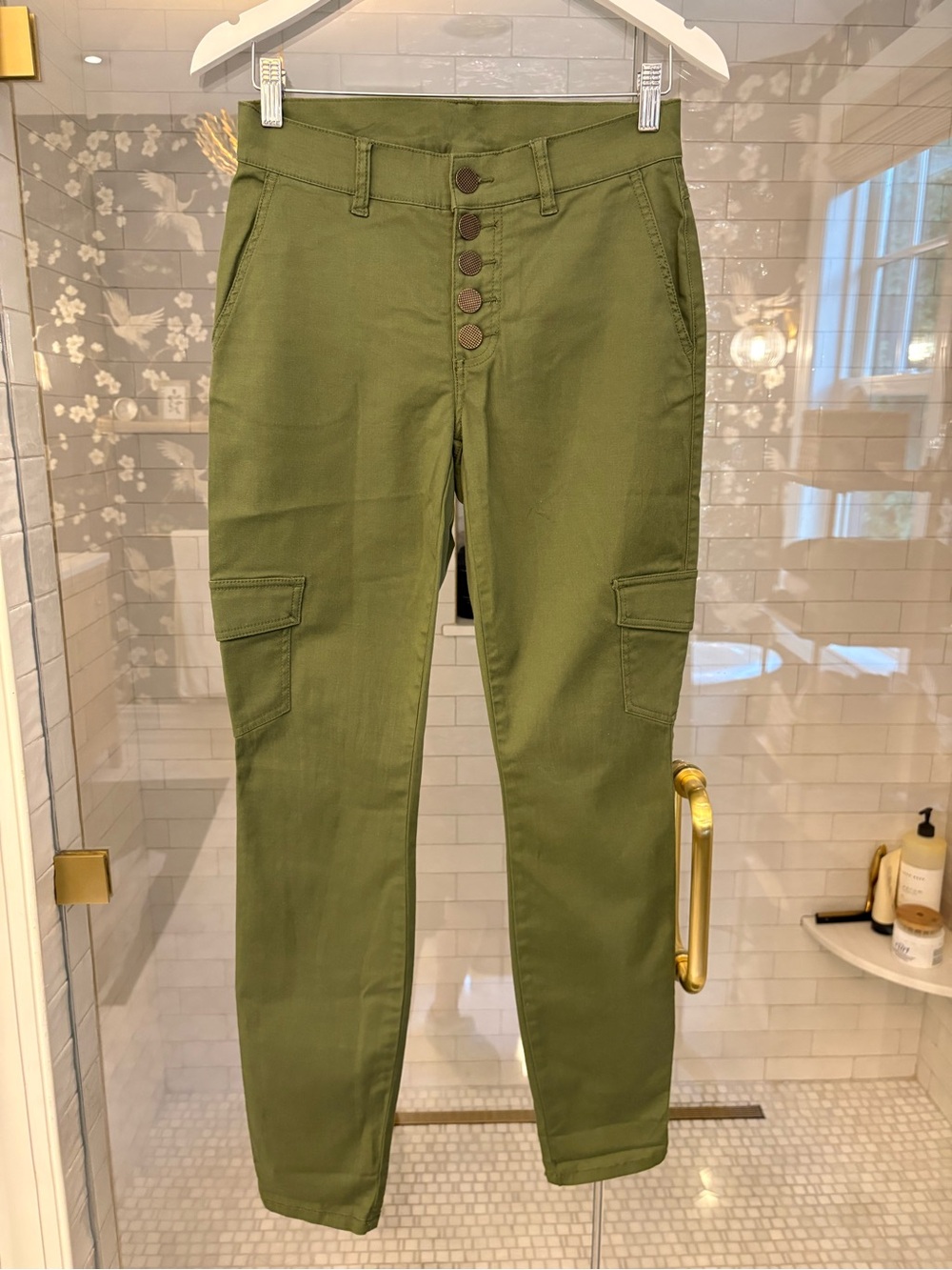 CAbi Olive Green High-Rise Cargo Pants with Button Fly